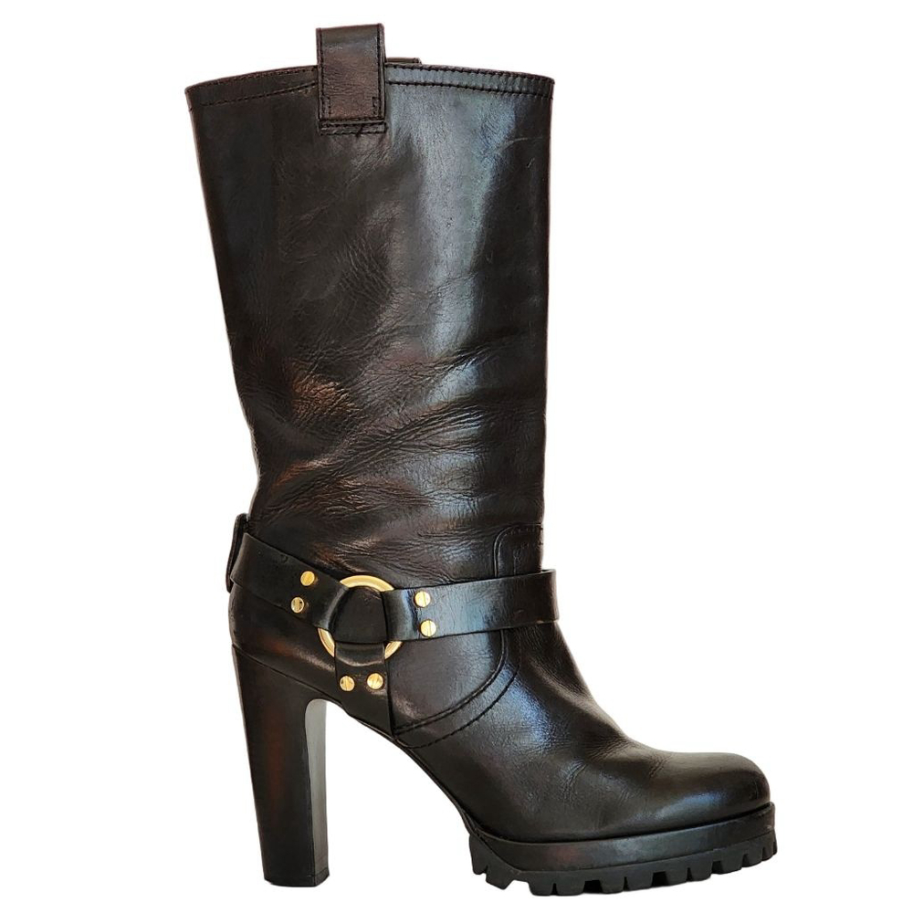 TORY BURCH Rainelle Black Heeled Mid-Calf Motorcycle Boots Gold Harness 10.5